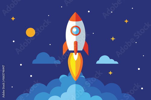 A cartoon rocket launches into space, surrounded by clouds and stars, symbolizing ambition, exploration, and the pursuit of dreams in the sky