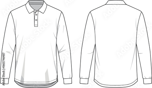 CAD drawing flat vector illustration of long sleeve polo shirt, front and back views, button placket, cuff detail, clothing template, fashion design sketch, garment layout
