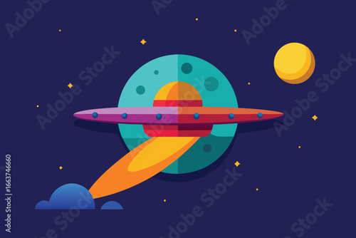 A ufo flying in space with a beam of light, surrounded by planets and stars in a colorful cartoon illustration of science fiction