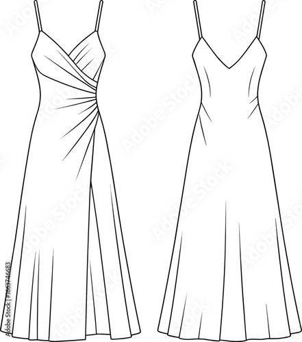 Flat fashion sketch of women’s long evening dress with draped front and spaghetti straps, CAD vector illustration for apparel design