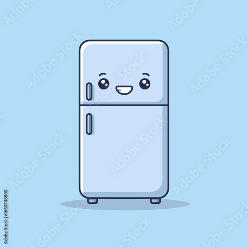 Adorable light blue cartoon refrigerator with a happy, smiling kawaii face and two doors.