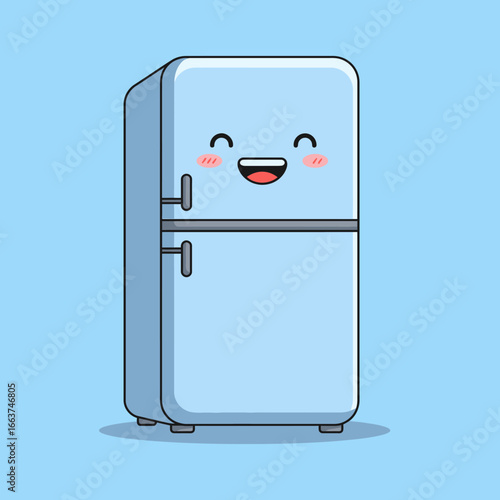 Adorable light blue cartoon refrigerator with a cheerful smiling face and blush marks, featuring two doors and handles.