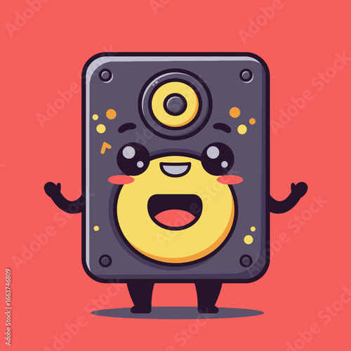 Adorable kawaii-style audio speaker character with a happy smiling face and yellow cones.