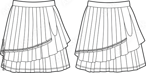 Flat technical sketch of layered pleated mini skirt with zigzag hem detail, CAD drawing for apparel design, fashion vector illustration