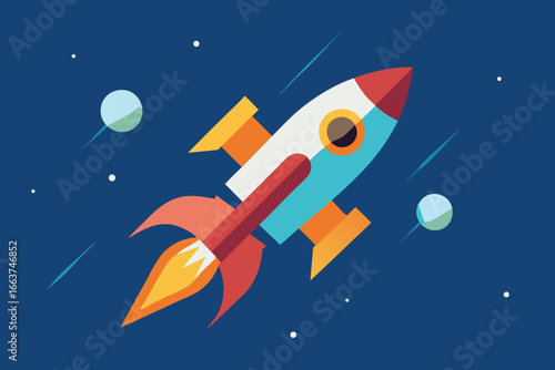 A vibrant cartoon rocket soars through the cosmos, symbolizing space exploration, technological advancement, and the boundless possibilities of the universe