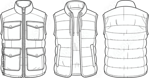 Flat technical sketch of sleeveless padded vests with pockets, front zip and collar, CAD fashion drawing for apparel design