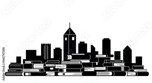 Silhouette of urban books skyline in black and white for creative designs