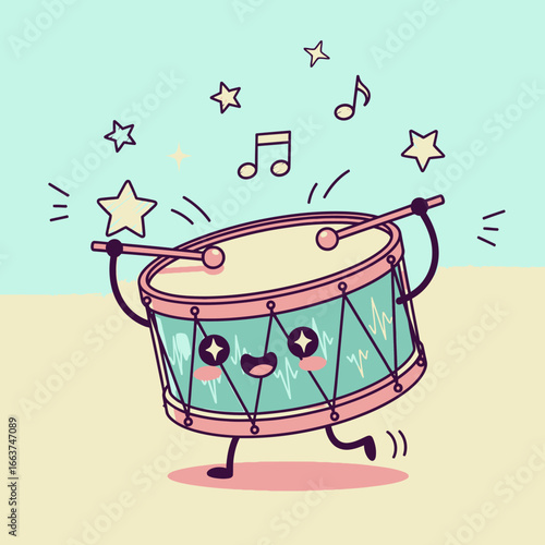 Cheerful Cartoon Drum Character Playing Music with Drumsticks