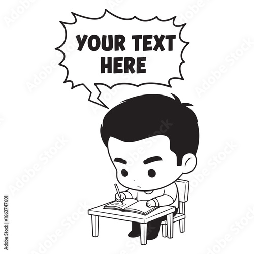 Focused Cartoon Student Writing and Studying at a Desk