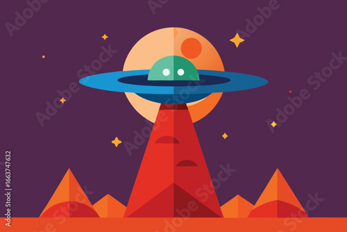 A cartoon ufo emits a beam of light on a distant planet, symbolizing extraterrestrial visitation, technological mystery, and the unknown wonders of space