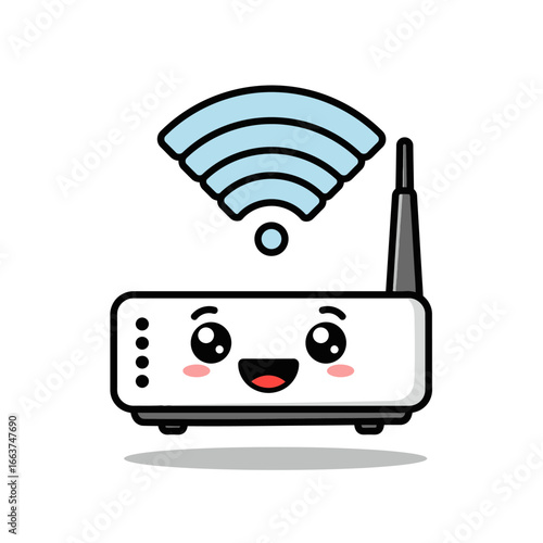 Cute cartoon white WiFi router with happy smiling face and blue signal waves