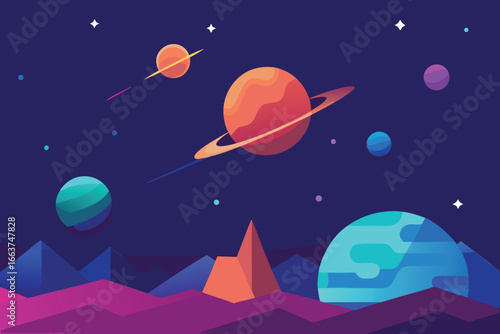 Vibrant cartoon planets in a colorful space landscape with mountains, stars, and rings creating an imaginative and futuristic cosmic scene