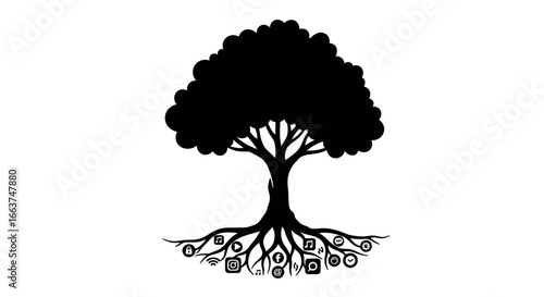 Silhouette tree with social media icons as roots on white background