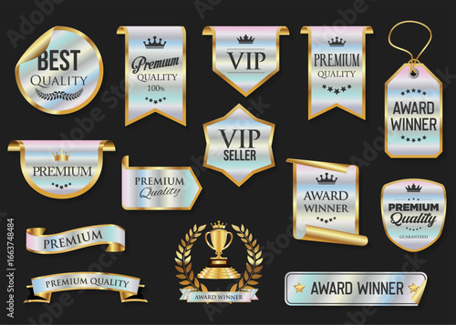 Hologram stickers or labels with black texture original premium product gold luxury labels and badges gold premium quality and award winner ribbons 