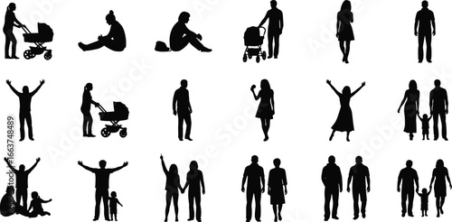 Family and people silhouettes set, twenty figures including adults, children, couples, and strollers, vector illustration for parenting, relationships, and lifestyle design projects