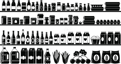 Grocery and pantry items silhouette set, black vector illustration, food and beverage packaging, bottles, cartons, cans, produce baskets, kitchen and market icons