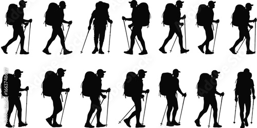 Hiking silhouettes set, fourteen figures with backpacks and trekking poles in various walking poses, vector illustration for outdoor, adventure, and travel design projects
