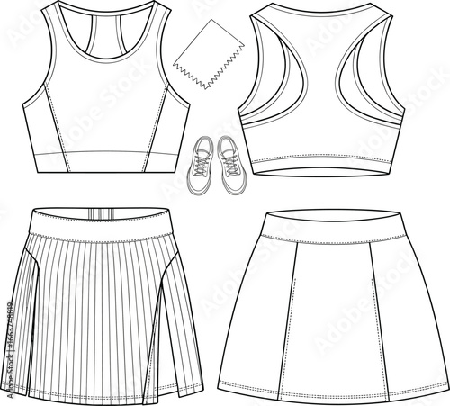 Flat vector CAD drawing of women's athletic outfit including pleated tennis skirt, sports bra, sneakers, and cloth piece illustration set
