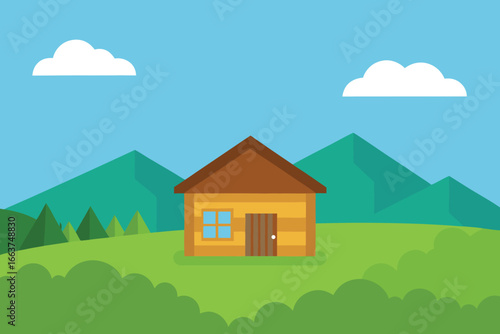 A cozy house nestled in a serene landscape with rolling green hills, towering mountains, and fluffy white clouds under a clear blue sky