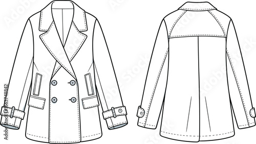 Flat vector CAD drawing of women’s double breasted trench coat with belt cuffs, wide lapel collar, pockets, and back yoke