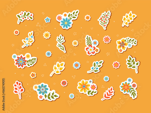 Fantasy flowers and leaves in autumn. Stickers, pins or magnets. Hippie style eco, organic symbols