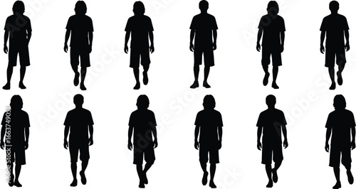 Walking cycle silhouettes set, twelve male figures in sequential motion poses, vector illustration for animation, biomechanics, lifestyle, and character design projects