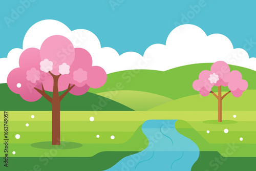 Beautiful spring landscape with cherry blossom trees, green hills, and a winding river under a blue sky with fluffy clouds in a peaceful scene