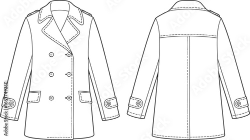 Flat vector CAD fashion sketch of women's double-breasted trench coat with wide lapel, front buttons, pockets, and cuff details
