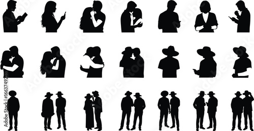 People silhouettes set, twenty figures in various poses and interactions, reading, using phones, couples embracing, vector illustration for lifestyle, relationship, and social design projects