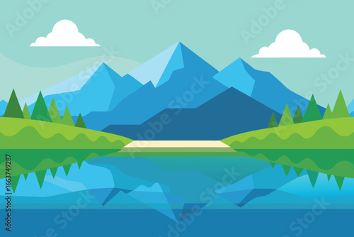 Picturesque mountain landscape with a serene lake reflecting the peaks, lush green trees, and a clear sky with clouds creating a tranquil scene