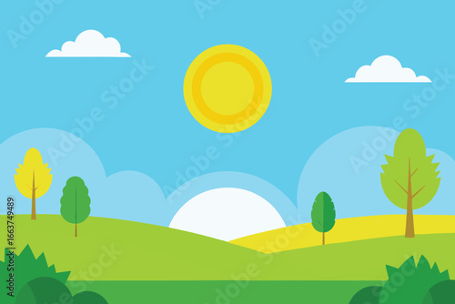 Vibrant landscape illustration featuring rolling green hills, a bright yellow sun, and fluffy white clouds against a clear blue sky, perfect for backgrounds
