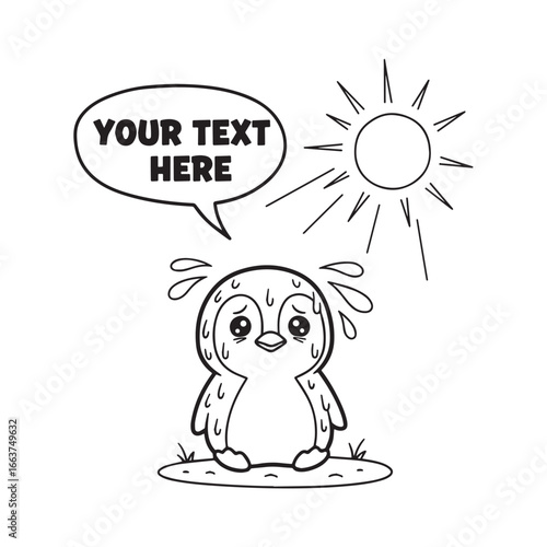 Sad Cartoon Penguin Sweating and Feeling Hot in the Summer Sun