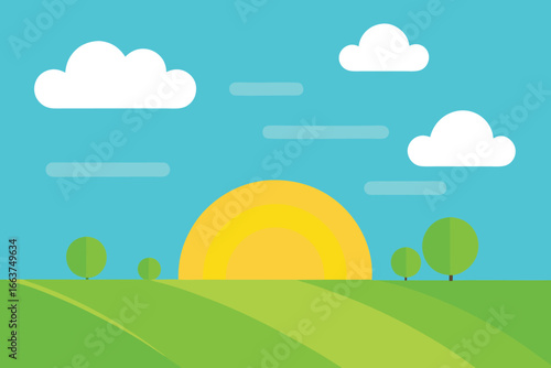Minimalist landscape illustration showcasing a vibrant sunset over green fields, with fluffy clouds in a clear blue sky, ideal for modern designs and backgrounds