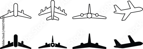 Airplane icons set, flight symbols, aviation silhouettes, jet aircraft illustrations, travel and airline vector graphics in multiple perspectives