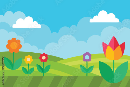 Colorful floral landscape illustration featuring vibrant flowers in a green field under a cloudy blue sky, perfect for spring and summer themed designs