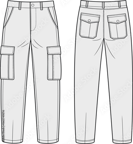 Flat vector CAD illustration of men’s cargo pants with flap pockets, front and back technical fashion sketch for apparel design
