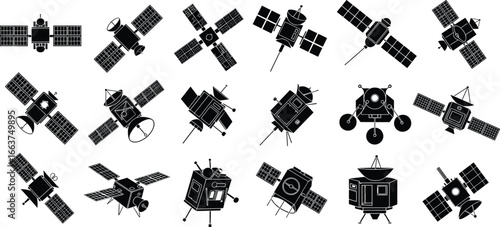 Artificial satellite silhouettes, space probe vector set, spacecraft technology icons, orbital communication devices, astronomy exploration tools, aerospace engineering, isolated black shapes