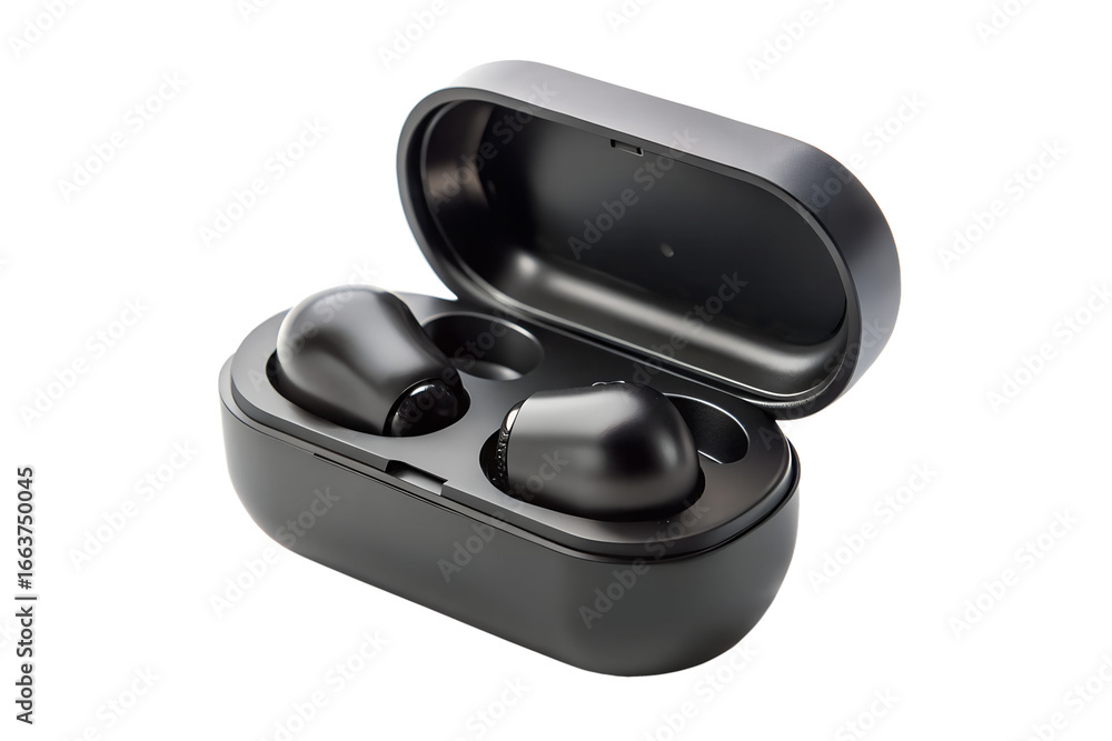 Wireless earbuds with charging case isolated on transparent background offer convenience and portability for enjoying music and audio Wireless earbuds with charging case isolated on transparent background offer convenience and portability for enjoying music and audio