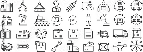 Industrial and supply chain icons set, logistics, manufacturing, automation, warehouse, shipping, delivery, packaging, production line, distribution, vector graphics