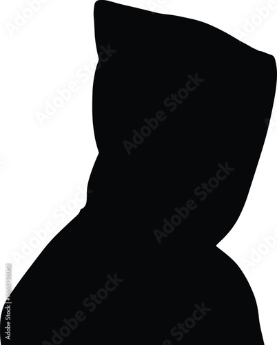 Black silhouette hooded figure, mysterious anonymous person, hacker concept, cyber security threat, privacy protection, dark shadow profile, secret identity