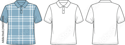 Flat vector CAD sketch of plaid polo shirt design, front and back views, short sleeves, button placket, fashion template layout
