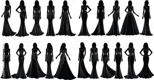 Women evening gown silhouettes set, twenty elegant dress styles including mermaid, ball gown, and fitted designs, vector illustration for fashion, bridal, and formalwear projects