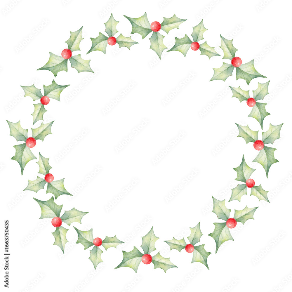 Fototapeta premium A delicate watercolor illustration of a holly wreath with red berries on a white background. Clipart, hand drawn, for holiday cards, decorations, and festive designs in a New Year or Christmas style