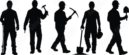 Construction worker silhouettes set, five male figures with tools in varied poses, vector illustration for industry, labor, safety, and occupational design projects