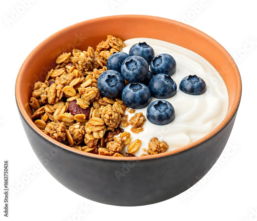 Granola with yogurt and blueberries , isolated on transparent background, png