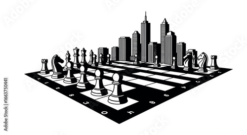 Chessboard cityscape with urban skyline and strategic game pieces art