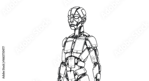 Futuristic robot composed of smartphones in detailed sketch style