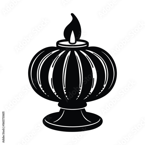 Black silhouette of a traditional oil lamp with a flame