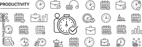 Productivity and time management icons set, calendar, clock, stopwatch, checklist, schedule, planner, efficiency, task tracking, business performance vector
