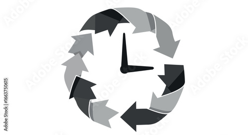 Circular clock with rotating arrows symbolizing time and motion
